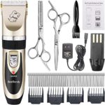 BESTTRENDY Professional Cat Dog Clippers, Low Noise Rechargeable Cordless Electric Pet Grooming Kit Tool Hair Trimmer Razor Blades with Combs, Scissor (Gold+Black)