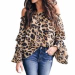 Shusuen ? Women Casual Leopard Printed Shirt Long Ruffled Sleeve Blouse Ladies Sexy Off Shoulder Tops