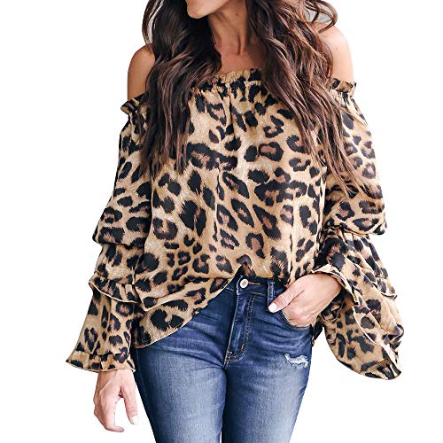 Shusuen ? Women Casual Leopard Printed Shirt Long Ruffled Sleeve Blouse ...