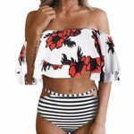 AMOFINY Women Off Shoulder Ruffled Flounce Crop Bikini Top with Print Cut Out Bottoms Two Piece White