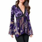 Tantisy ??? Women’s Fashion ? Deep V-Neck Flare Sleeve Leopard Printed Patchwork Irregular Hem Top Casual Blouse Purple
