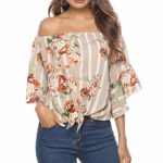 LYN Star Womne’s Casual Off Shoulder Floral Print Long Sleeve Top Blouse Loose Bandage 2019 Khaki