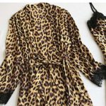 Satin Silk Pajamas Cardigan Nightdress Bathrobe Sexy Leopard Print Hollow Edges Ladies Robes Underwear Sleepwear Brown