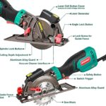 Circular Saw, HYCHIKA 6.2A Electric Mini Circular Saw, Laser Guide, 6 Blades (4-1/2”), Max Cutting Depth 1-11/16” (90°), Rubber Handle, 10 Feet Cord, Ideal for Wood Soft Metal Tile Plastic Cuts