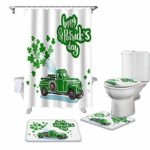 4 Piece Shower Curtain Sets Happy St. Patrick’s Day Green Truck Pull Shamrocks for A Drive Non-Slip Rug, Toilet Lid Cover, Bath Mat Waterproof Shower Curtain Bathroom Sets with 12 Hooks Bath Decor