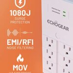 ECHOGEAR On-Wall Surge Protector with 6 Pivoting AC Outlets & 1080 Joules of Surge Protection – Low Profile Design Installs Over Existing Outlets to Protect Your Gear (White 2 Pack)