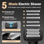 5-Blade Cordless Electric Razor for Men, 2-Speed Electric Shavers for Men Face, Close Shaving Men’s Foil Shaver for Coarse Hair Wet/Dry USB-C Fast Charging &100 Min Runtime – Travel-Ready & Giftable