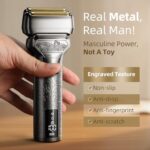 PongTHUMB Electric Razor for Men with Pop-Up Trimmer: Rechargeable Cordless Foil Shaver for Face – Wet/Dry/Anti-Slip Waterproof Shavers with LED Display – Metal Handheld Design Light Gray